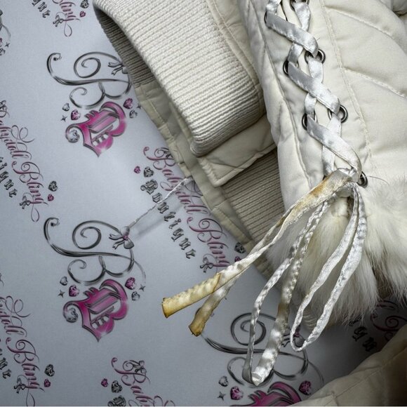 Bebe corset coat jacket snow bunny fur rabbit White Quilted Jacket Fur Trim hood - Picture 15 of 16